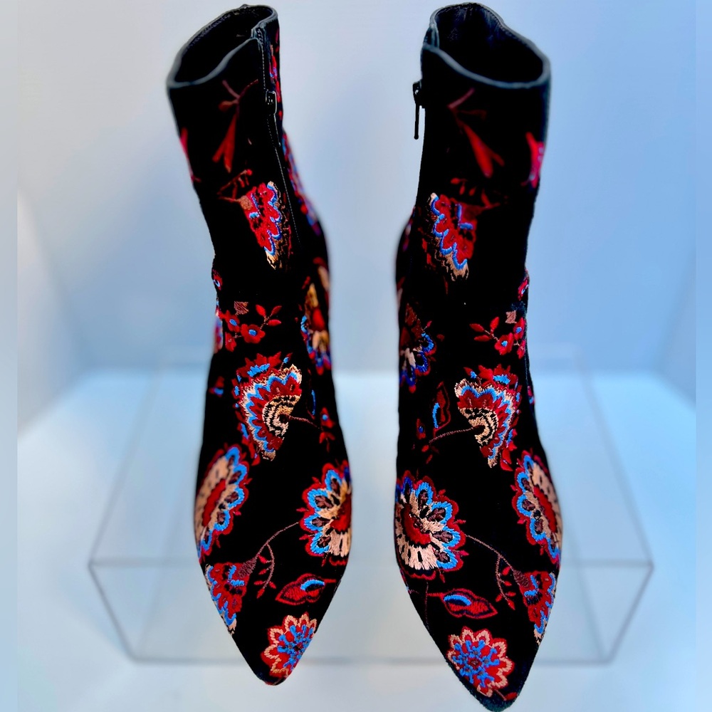 Loeffler Randall: Floral Embroidered Ankle Boots - Black and Multicolor. Size7.5